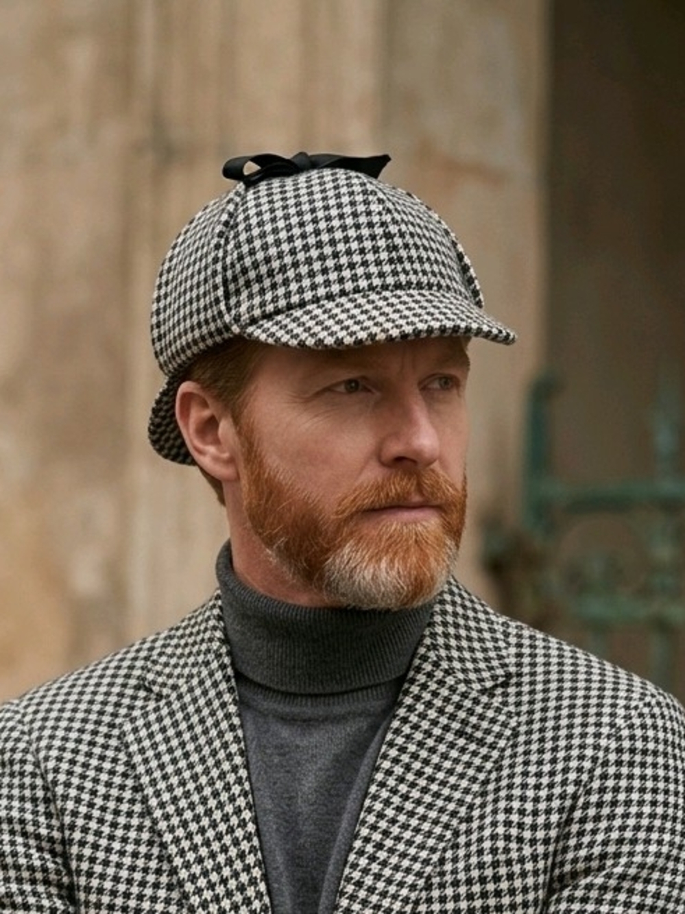 Vtg Dorfman Pacific Black & White Wool Houndstooth Sherlock Holmes-Style L